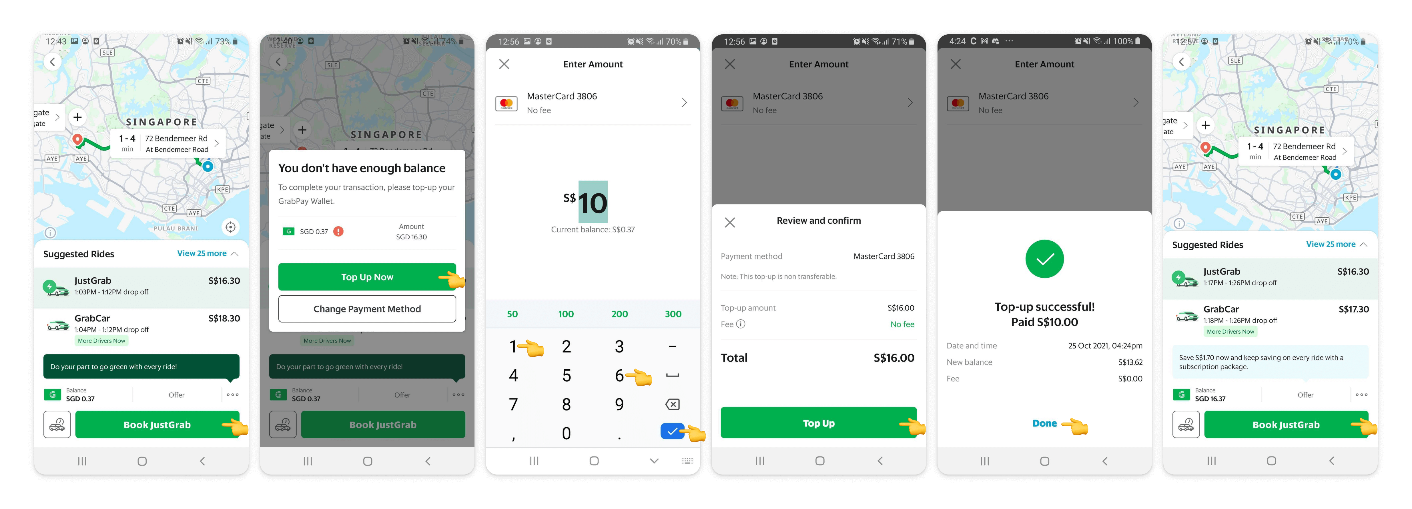 Existing experience took 8 taps to top up GrabWallet and pay to book a ride